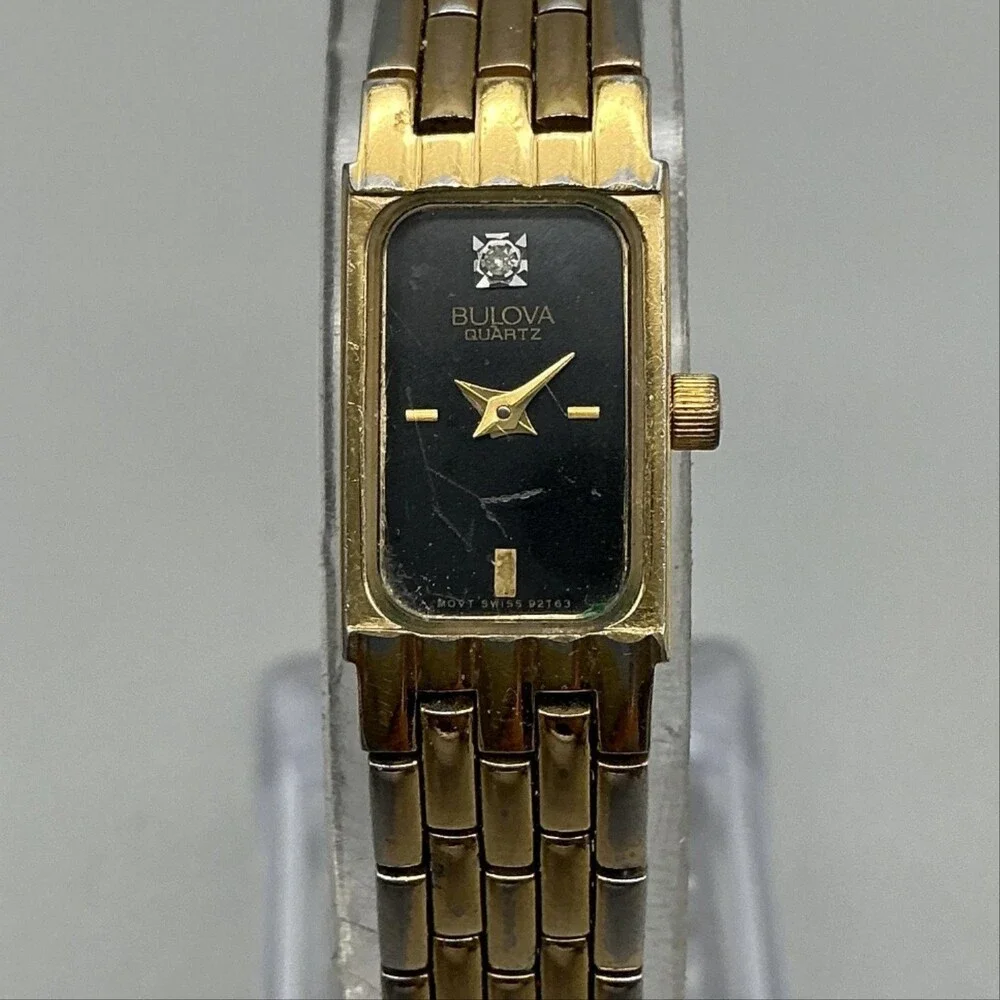 Vintage Bulova Womens Watch 12mm Black Dial Gold Tone Diamond New Battery